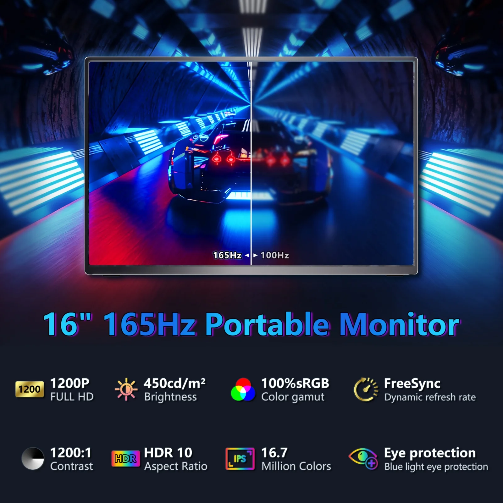 Портативный монитор 16 дюймов, 165 Гц, 1920*1200, 16:10 100%sRGB, 500Cd/m2, TFT-дисплей для путешествий, переключатель для ноутбука, PS4, PS5 Xbox