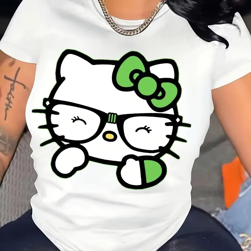 

Women's Cute Green Sanrio Hello Kitty Printed Short-Sleeve Crew Neck T-Shirt Fashionable Casual Versatile Top