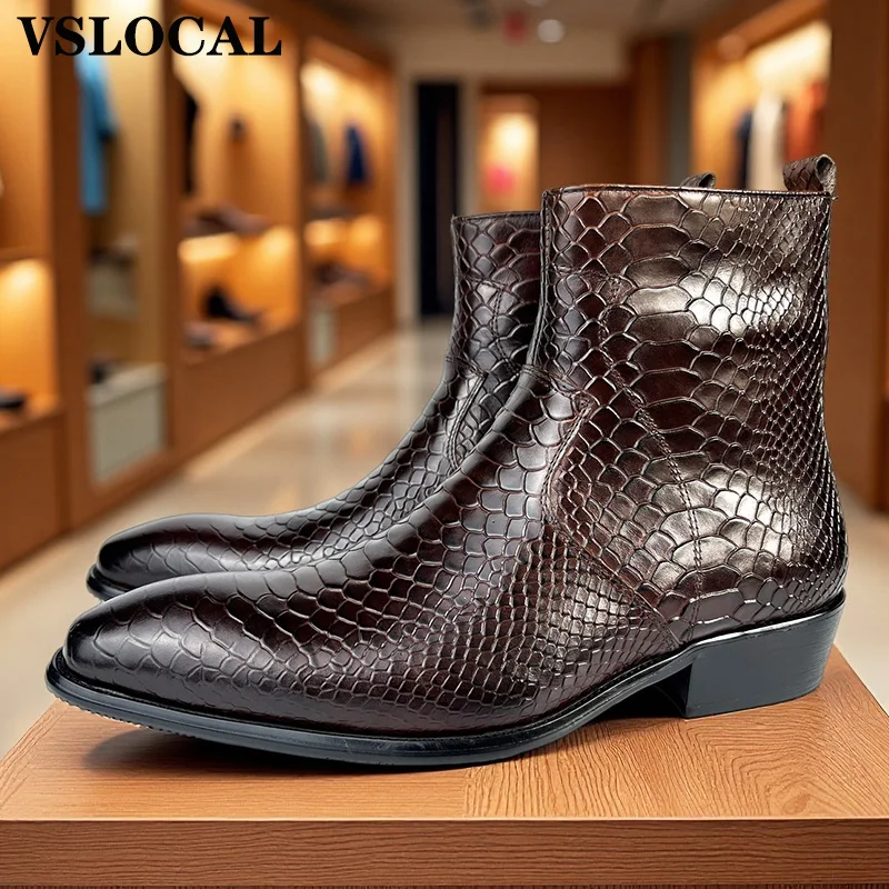 Luxury Men Ankle Boots Zipper Mid-Calf Rock Boots Slip On Casual Mens Dress Shoes Black Coffee Leather Boots For Men
