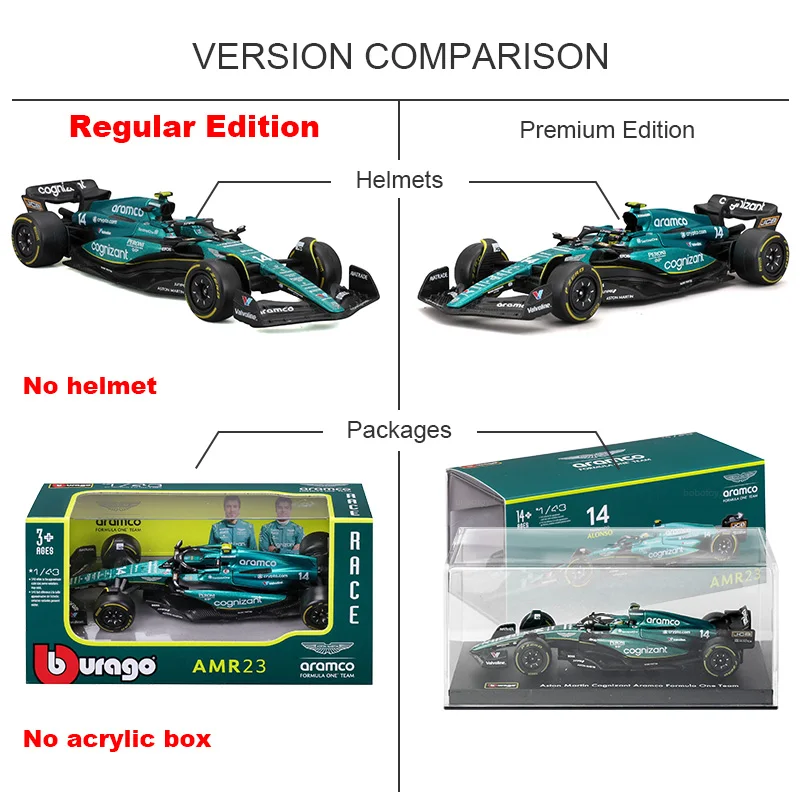 Bburago 1:43 F1 Aston Martin Aramco tim AMR23 #14 Fernando JT #18 wrap Formula Alloy Diecast Model hadiah koleksi mobil