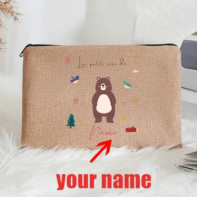 

Customizable Name Bear Bird Tree Patterns Jute Makeup Organizer Travel Bag for Sister Brother Friend Children Birthday Christmas