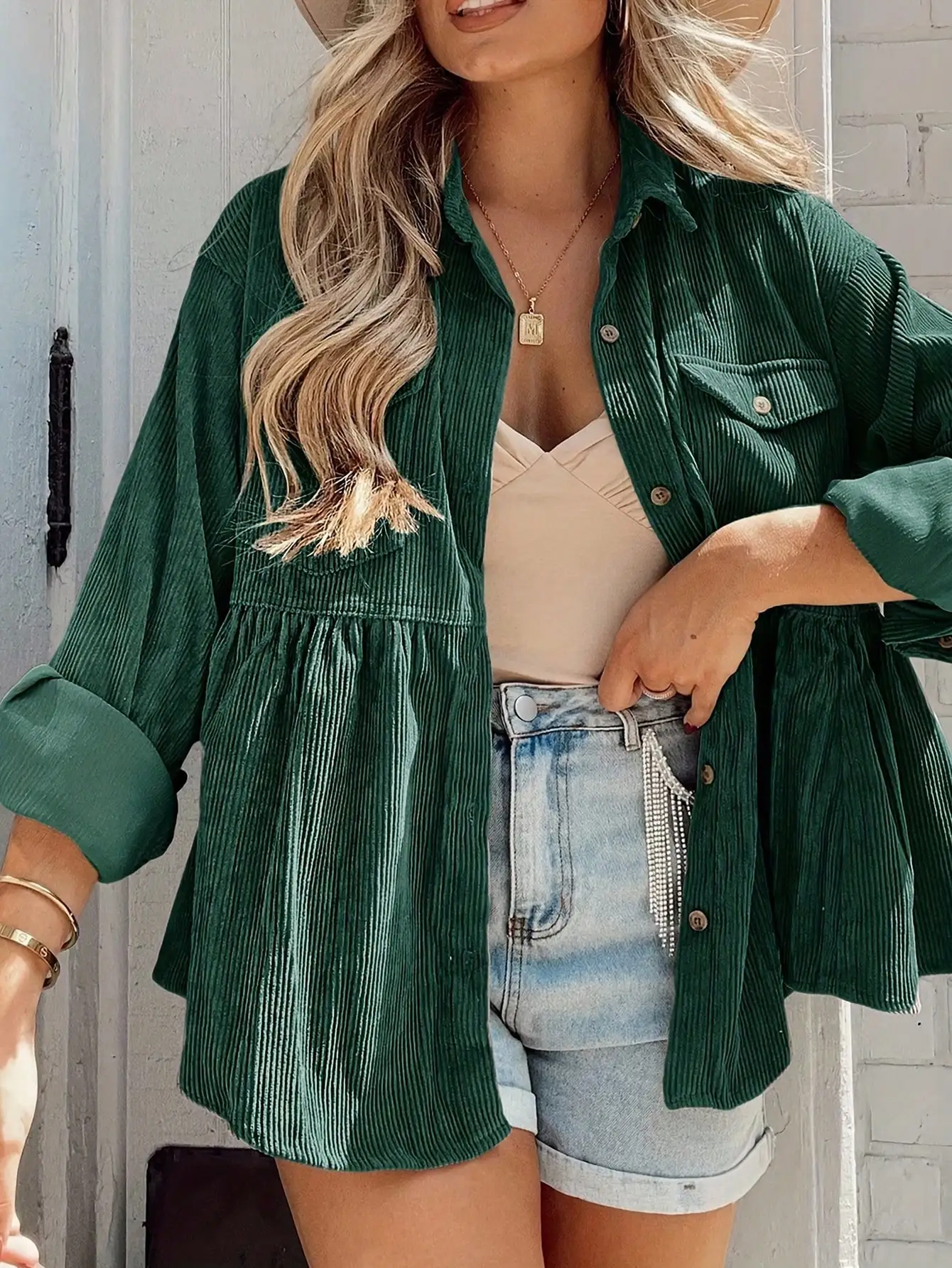 

Женская свободная вельветовая рубашка на пуговицах, однотонная зеленая повседневная блузка для осени