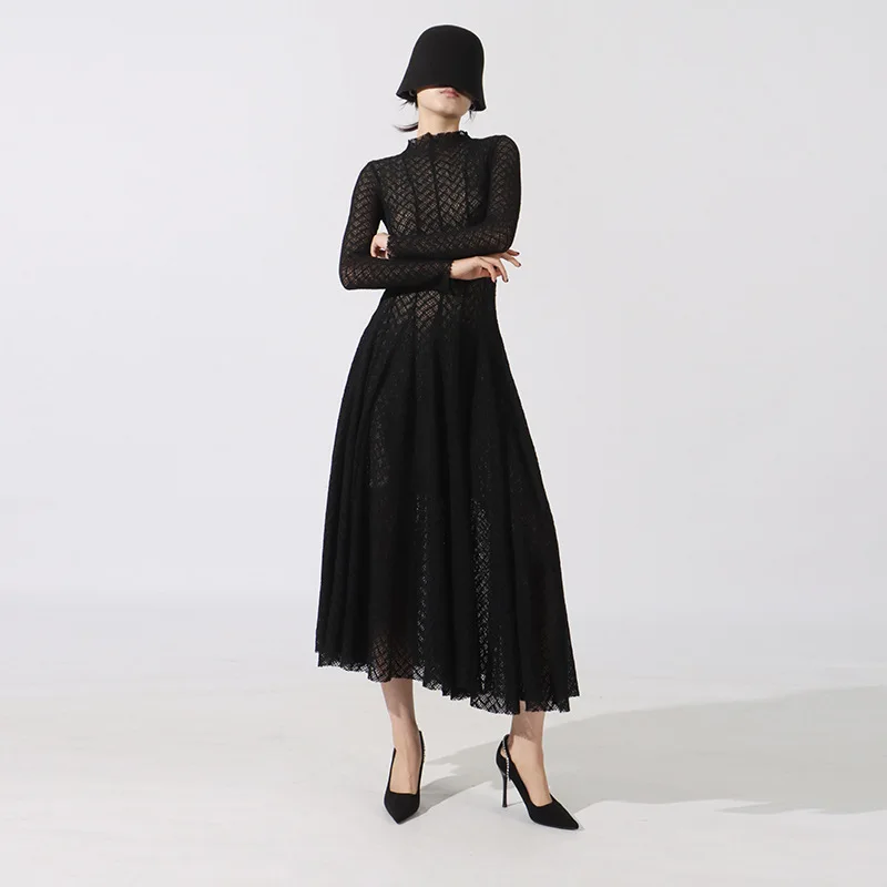 Hollow Out Mesh Maxi Dress High Collar Slim Fit Long Sleeve Robe High Waist Pleated Party Dresses 2025 New Lady Fashion Clothing