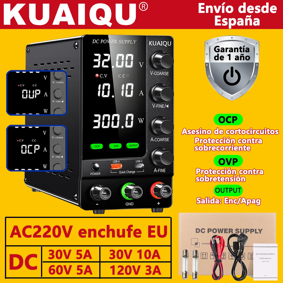 KUAIQU Hochpräzises Einstellbares Netzteil, 30V 60V 120V Geregeltes DC-Labornetzteil mit OCP/OVP/Ausgang/Encoder