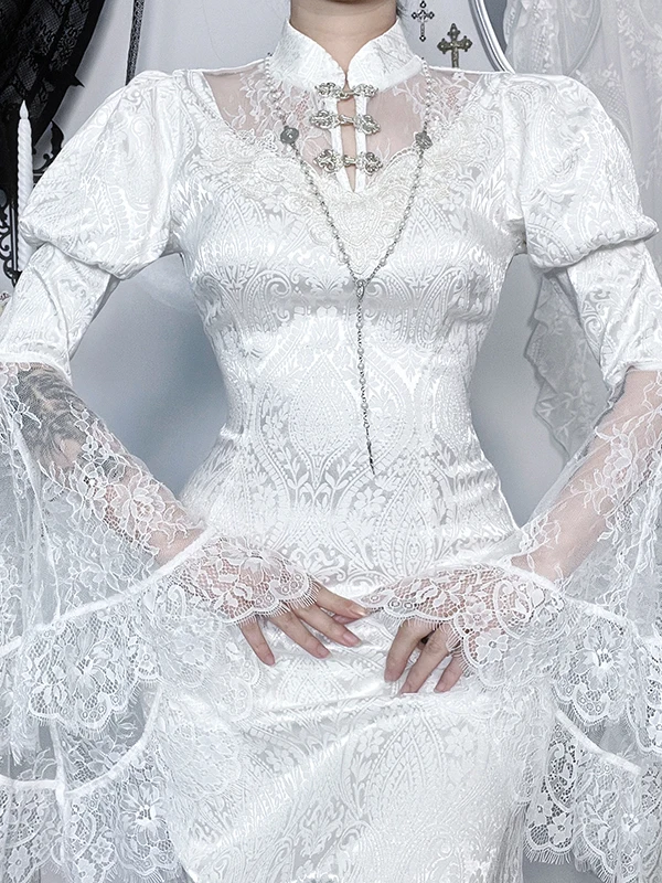 القوطية Sle طويلة Sve المطرزة الدانتيل الزفاف الدكتور لوهوين موضوع القطن البوليستر مزيج عالية الخصر ألف خط الدكتور #5