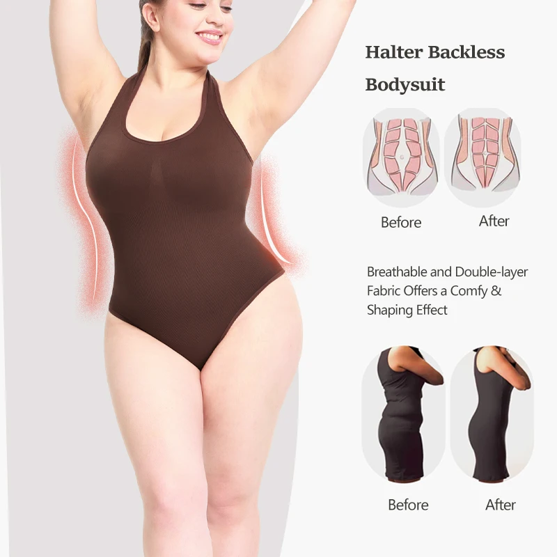 Seamless Bodysuit Women Shapewear Tummy Control Halter Neck Tank Top Backless Body Shaper Thongs Underwear Slim Waist Trainer