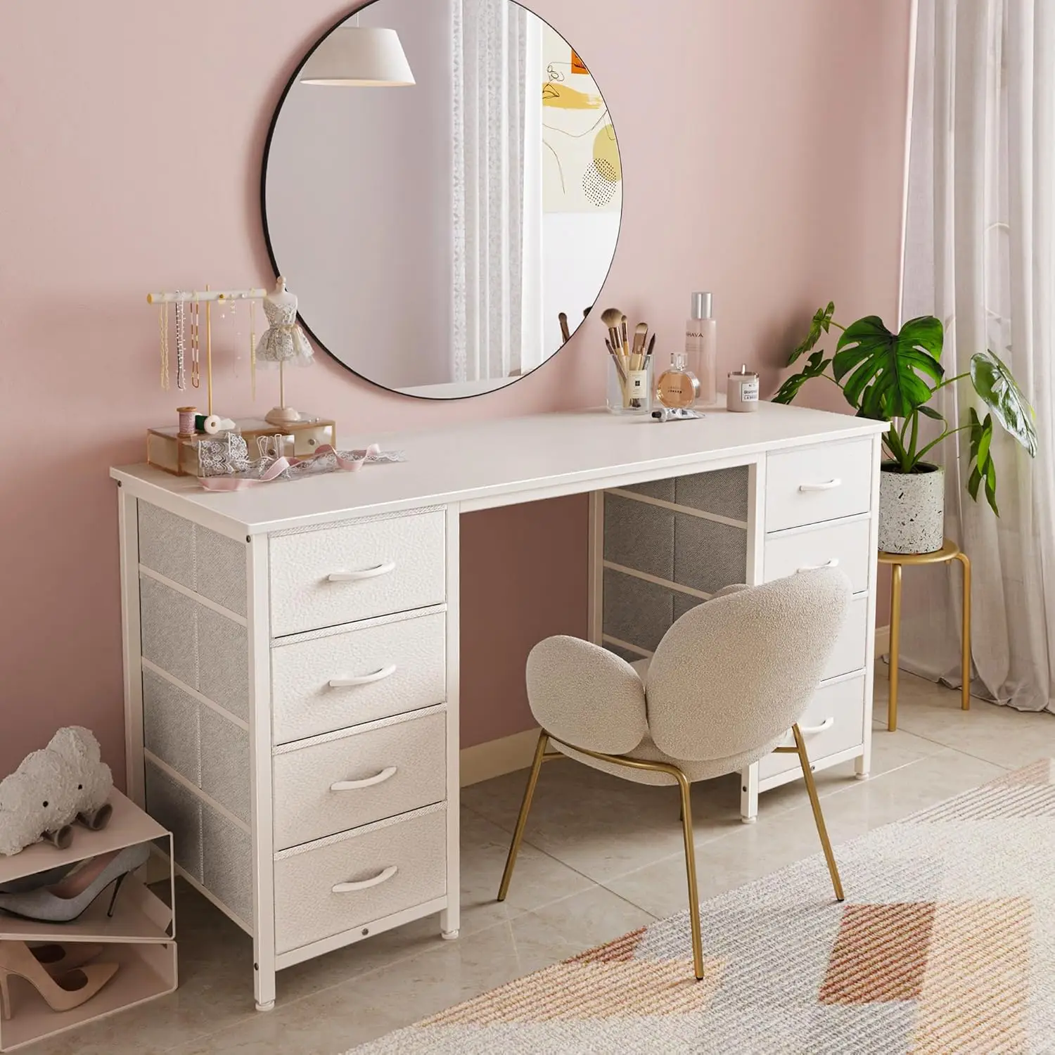 47 Inch Vanity Desk with 8 Fabric Drawers, White Desk, Makeup Desk with Large Storage, Drawers, Wooden Desktop, Computer Desk Wo