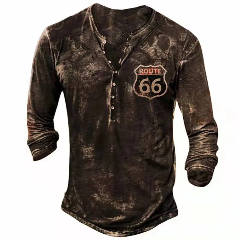 Vintage Men\'s T-shirts With Buttons Spring Summer Cotton V-Neck Long Sleeve Route 66 Letter Printing Oversized T Shirts For Men