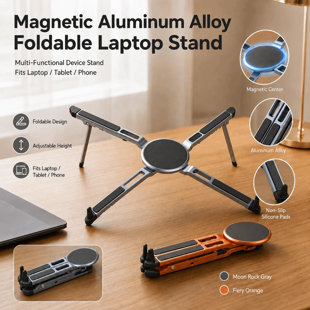 Aluminum Alloy Laptop Stand Magnetic Adsorption Foldable Design Tablet Stand Adjustable Height Non-Slip Pads Device Holder