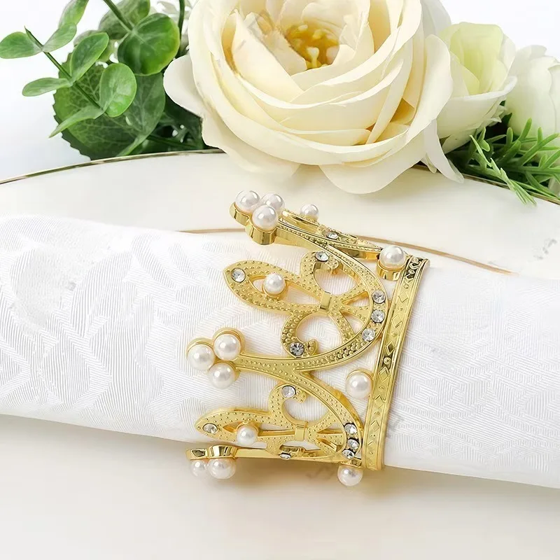 6pcs Metal Crown Napkin Rings – Light Luxury Pearl Rhinestone Serviette Holders for Wedding, Banquet & Table Setting