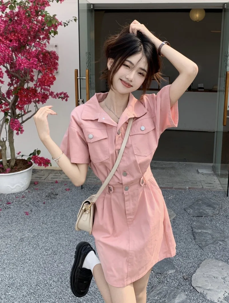 

Women's Summer Retro Denim Mini Dress With Slim Waist Short Sleeved Denim Dress New Hong Kong Dtyle Fashion Short Vestiods