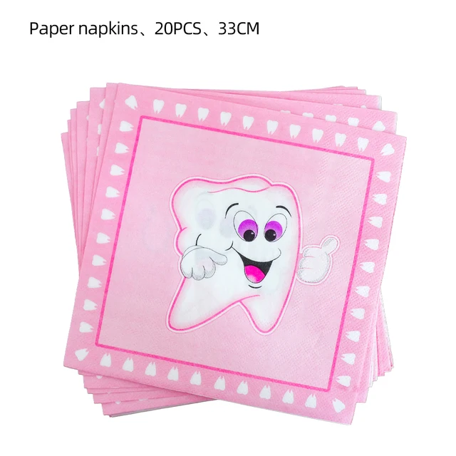 My First Tooth Pink Teeth Birthday Party Supplies Disposable Tableware Paper Plates Cups Baby Shower Cartoon Kid Toy Girl Gift