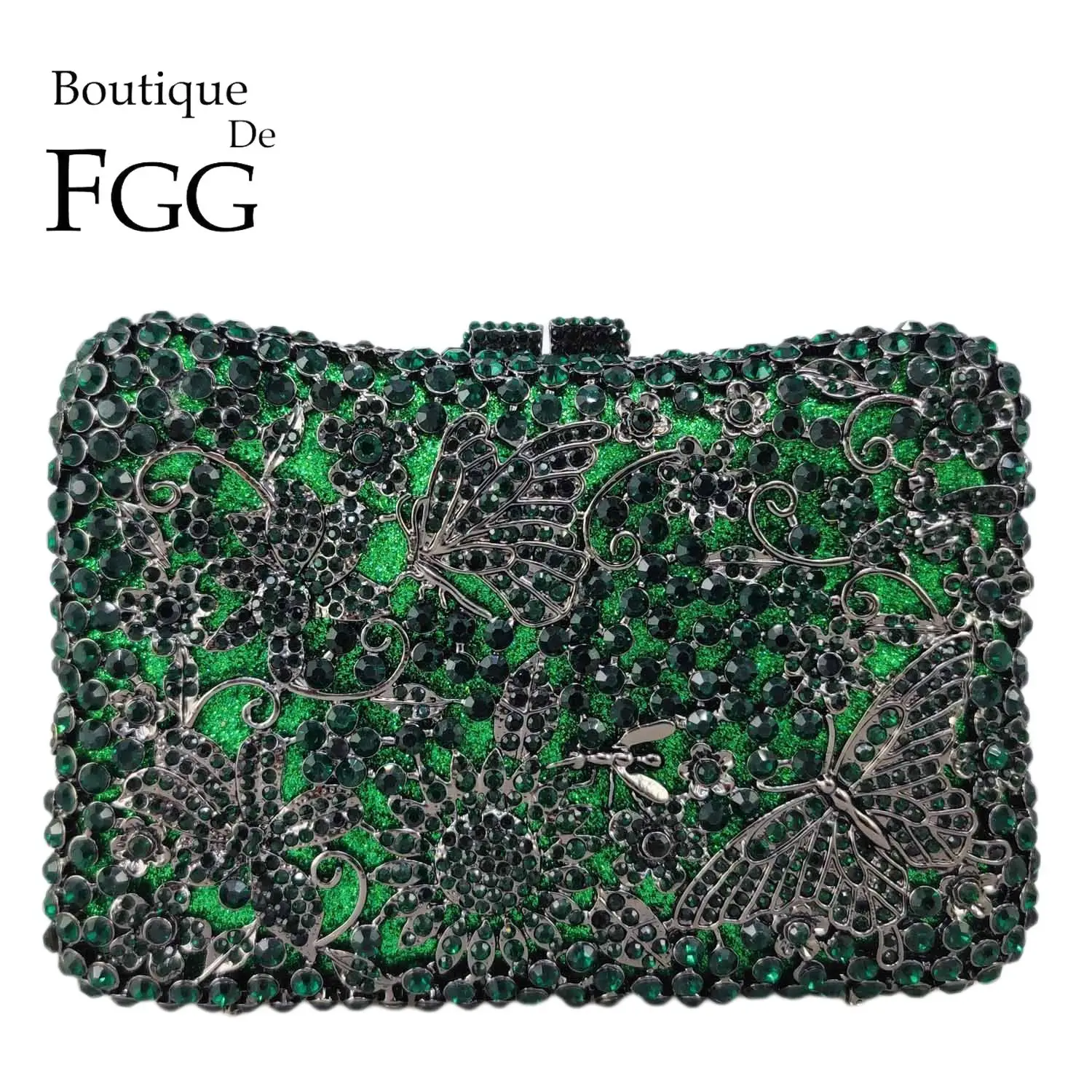 

Boutique De FGG Butterfly & Flower Clutch Women Green Crystal Evening Bags Wedding Bridal Rhinestone Handbag Party Dinner Purse