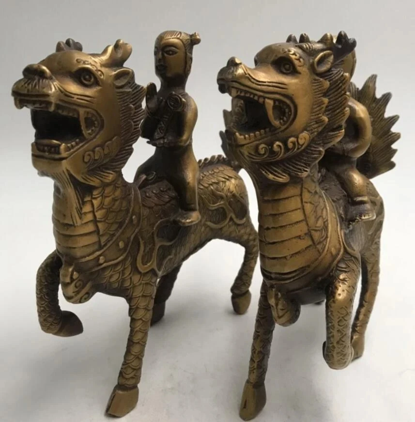 

China brass kirin child crafts statue A pair