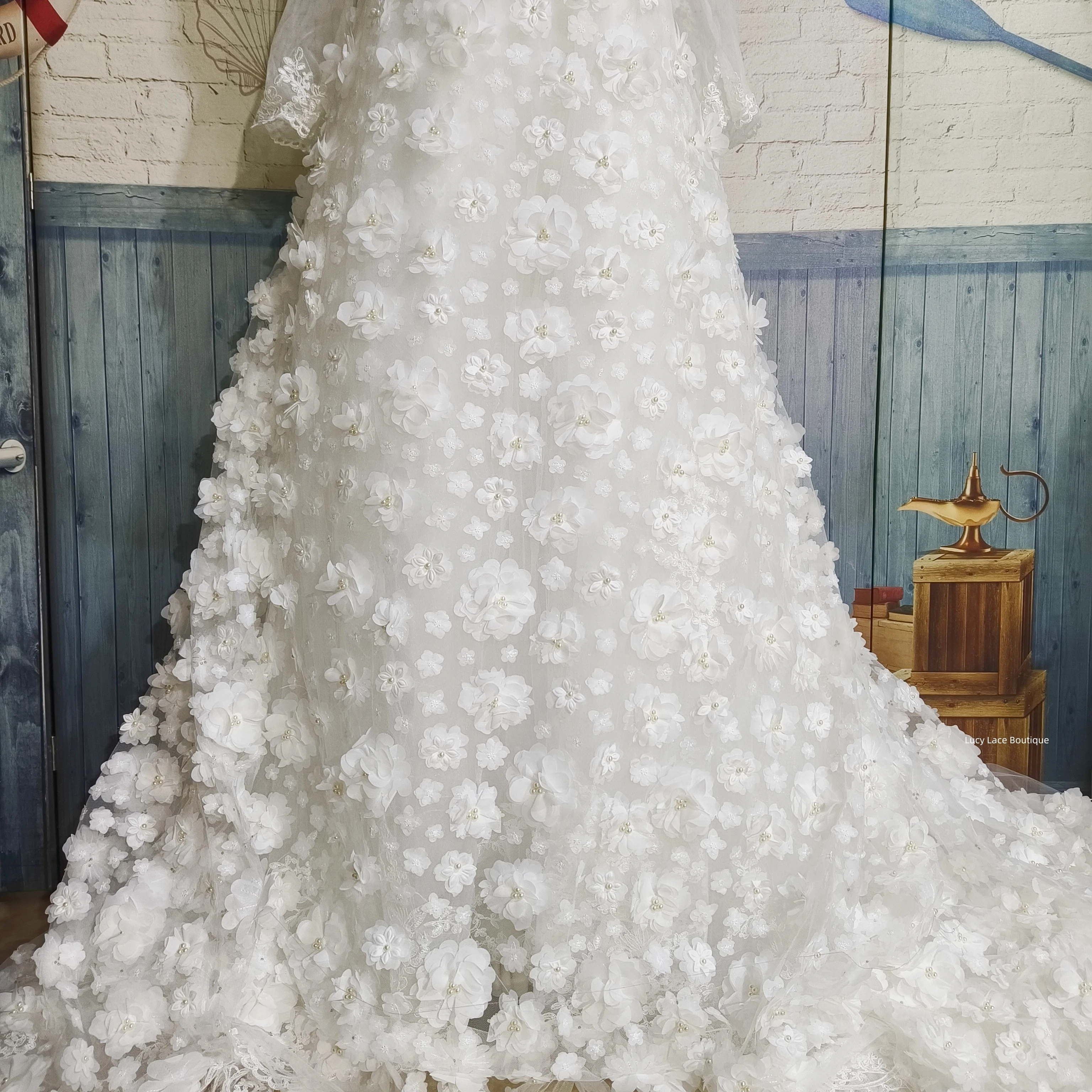 1 Meter price 3D Florals Allover Off White Tulle Mesh Beading Lace Fabric Gowns Material Luxury 125CM Wide 2025 NEW