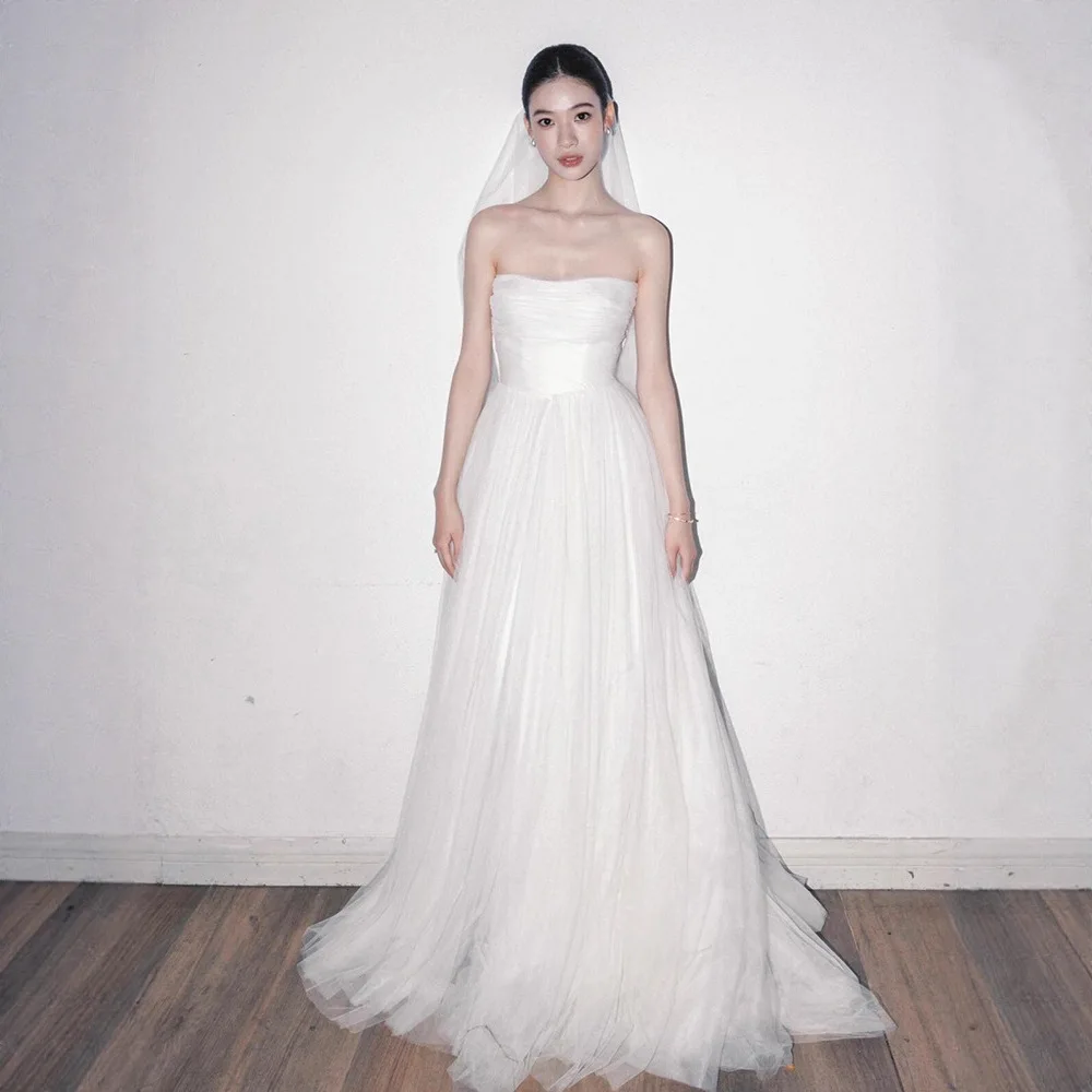 

Белое свадебное платье для женщин 2026: Новинка, однотонное, без бретелек, из шифона, с шлейфом, элегантное вечернее платье для женщин