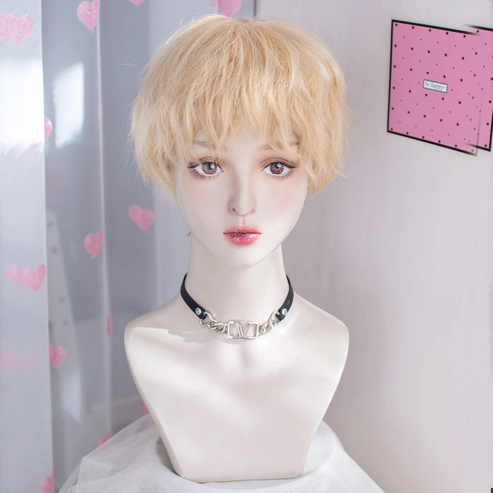 VICWIG Men Blonde Cosplay Wig Short Curly Anima Cosplay For Pary Women Lolita Black Wig