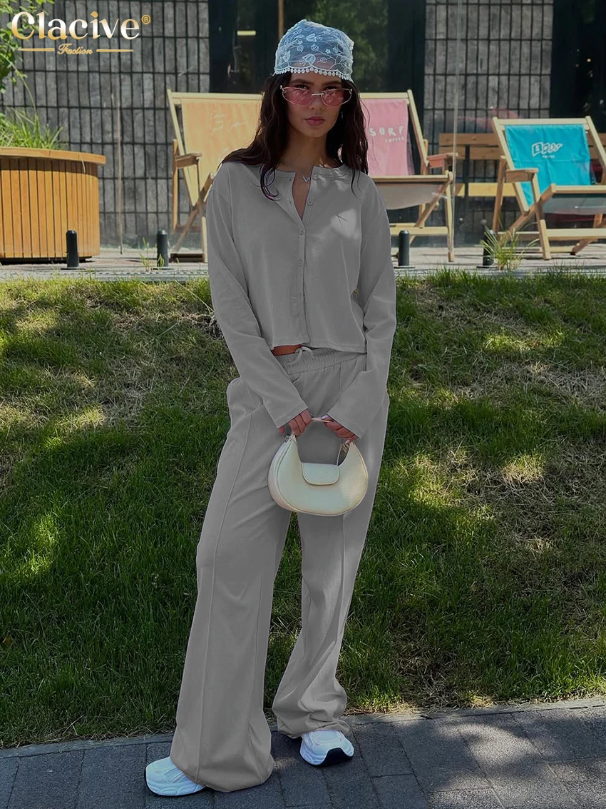 

Clacive Fashion Loose Gray Woman 2 Piece Set Outfit 2025 Elegant Long Sleeve Shirt With High Waist Wide Pants Set Female Clothes