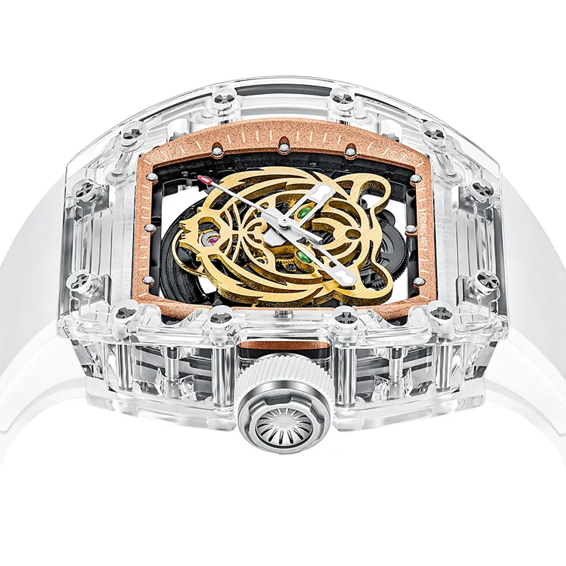 CRONUSART-Reloj de pulsera automático para hombre, cronógrafo mecánico Tonneau de lujo, caja acrílica, correa de Fluororubber luminosa, esfera de esqueleto de tigre