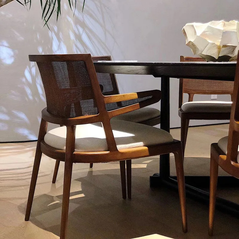 Southeast Asian Vintage Solid Wood Dining Chair – Upholstered Backrest Woven Rattan Nordic Designer Chair