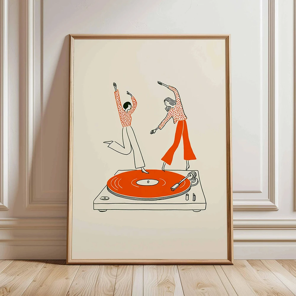 Dancing Couple Wall Art Print, Retro Record Player Poster, Modern Music Inspired Illustration for Home Decor Bar or Living Room