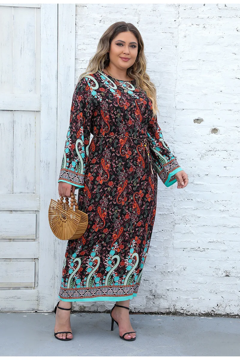 Vintage Plus Size Dresses Ethnic Style Women O-Neck Printed Long Dress Spring Summer Fashion Casual Lady Elegant Dress