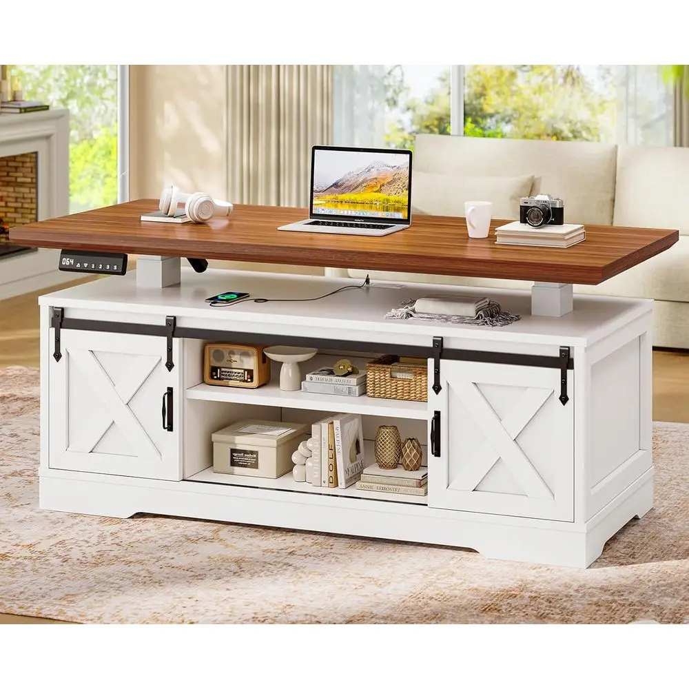 

Умный журнальный столик Armhouse Smart Lit Top 47,2 дюйма, журнальный столик RecCoee с местом для хранения и дверцей в стиле амбарных дверей, регулируемый по высоте журнальный столик с розеткой