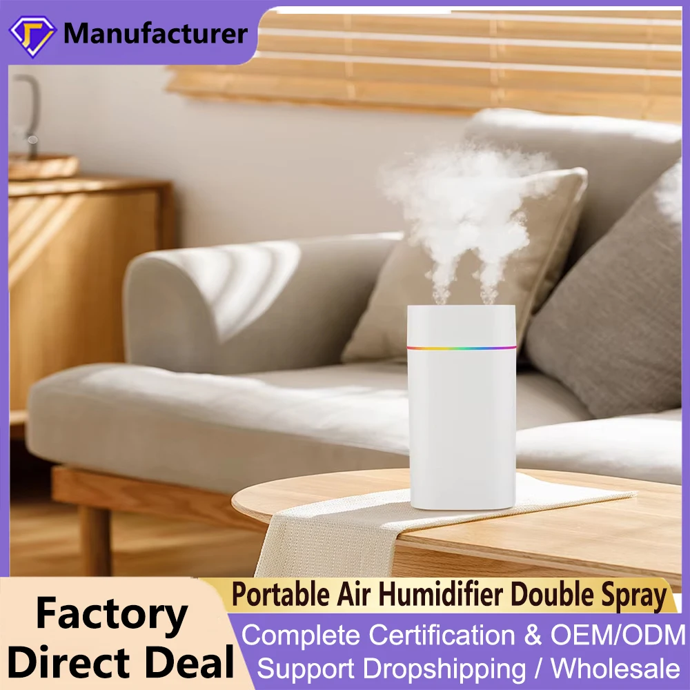 Humidificador de aire portátil con doble puerto de pulverización, atomizador silencioso de aceite esencial para aromaterapia, luces de colores para el hogar, la Oficina y el coche, 600ML, USB