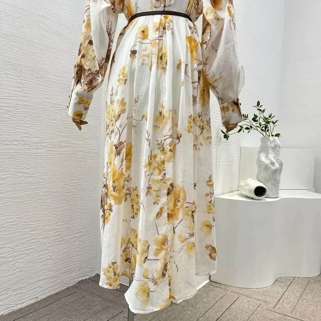 Vestido Midi holgado de manga larga con estampado Floral de color amarillo claro para vacaciones, ropa de mujer de ramio de alta calidad 2024