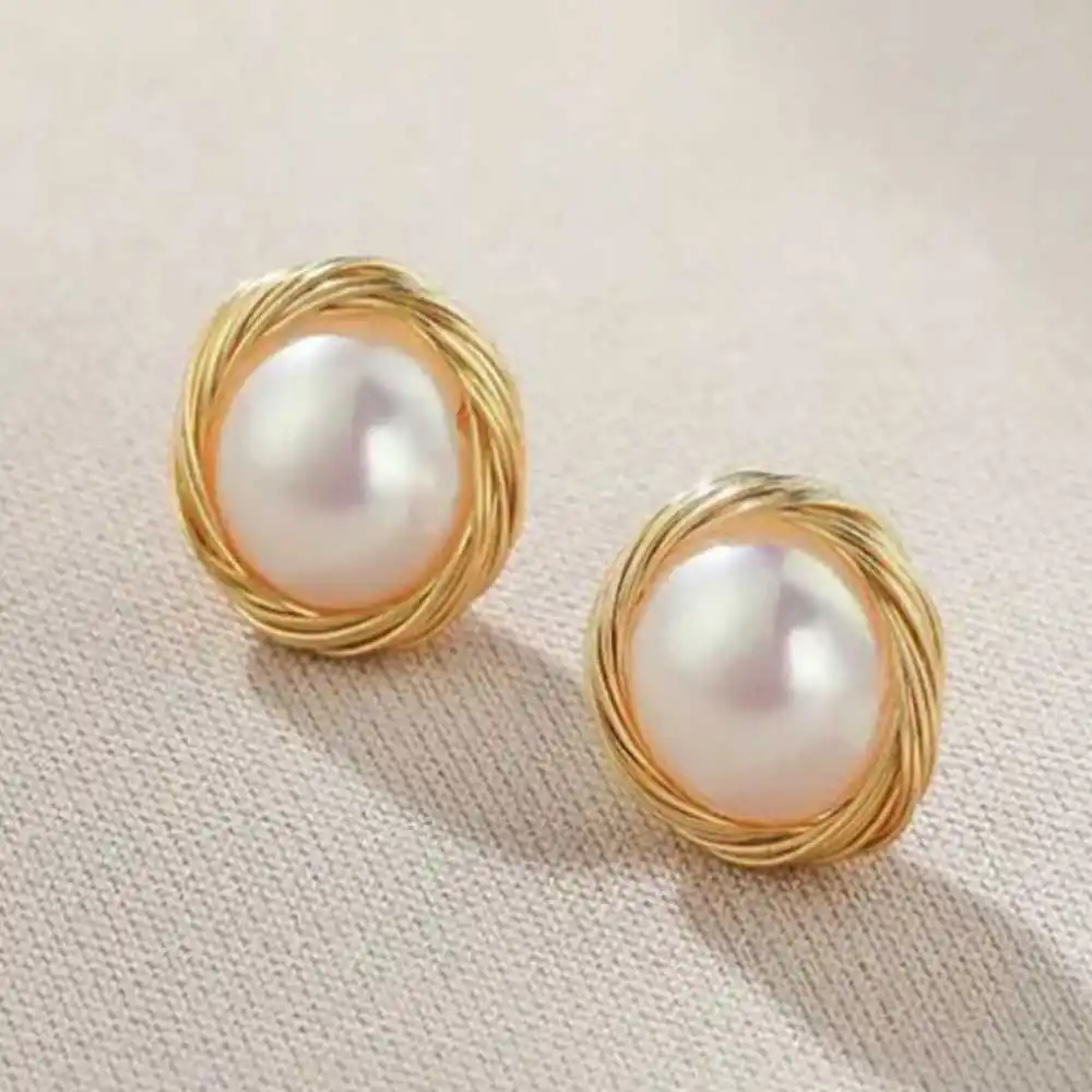 

Freshwater pearl White Baroque earrings 18K gold plating winding Jewelry Holiday gifts Classic Ear stud SOLID Cultured