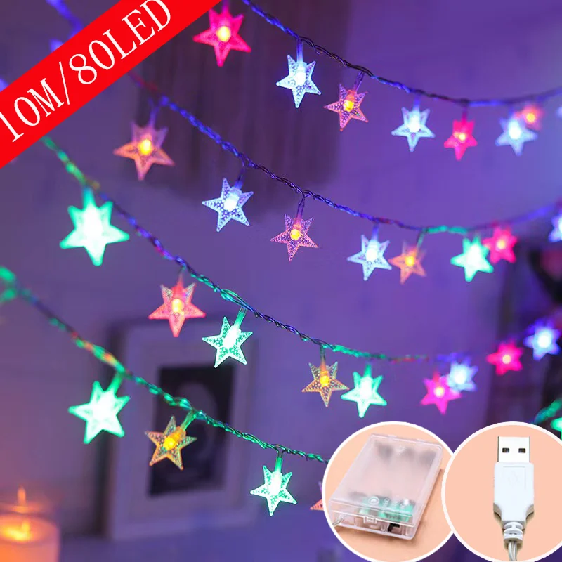 2m/3m/6m/10m LED Star String Lights Christmas Garland Battery USB Powered Wedding Party Curtain String Fairy Lamps for Home