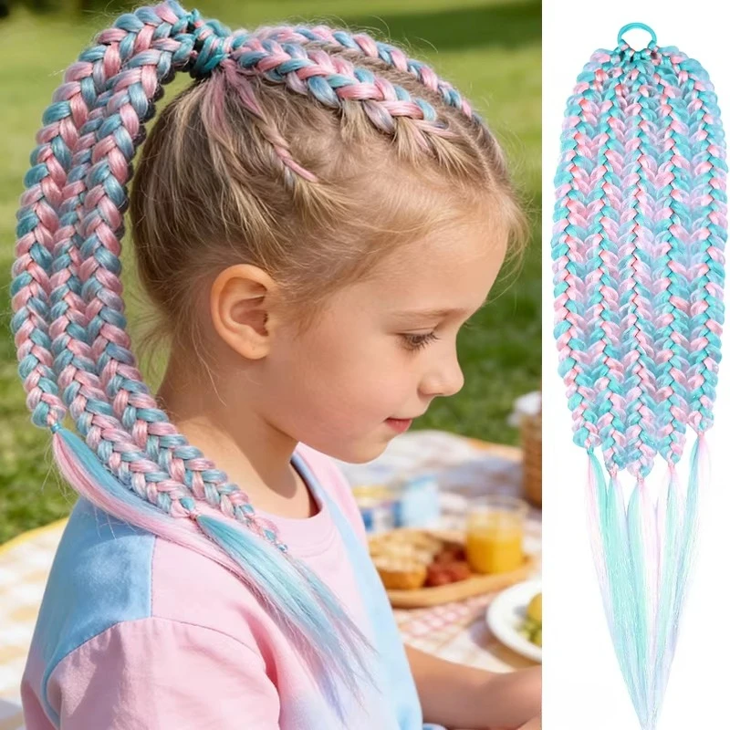 

Light Blue and Pink Color Twist Ponytails for Kids, Summer Design Customize Available Braiding Hair Ponytail