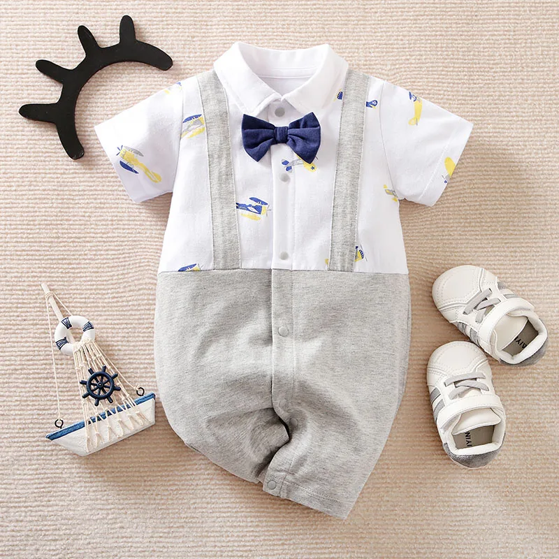 New designer clothes  hort-sleeved fake suspenders Grey and white clothing  100 cotton spring fall short sleeve baby onesie