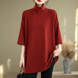 Cotton Plus Size Artistic Retro High Neck Base Shirt Women 2024 Autumn New Loose Fit Slimming Half Sleeved T-shirt for Women