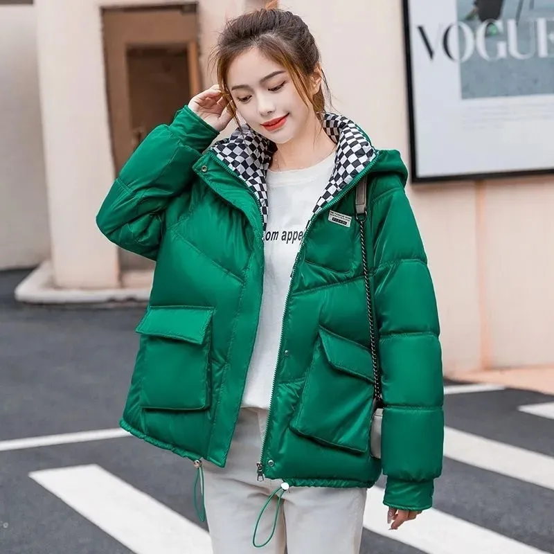 Glossy Down Cotton-Padded Jacket Women's New Korean Plaid Cotton-Padded Jacket  Winter 2023 Loose Keep Warm Erasable Wash