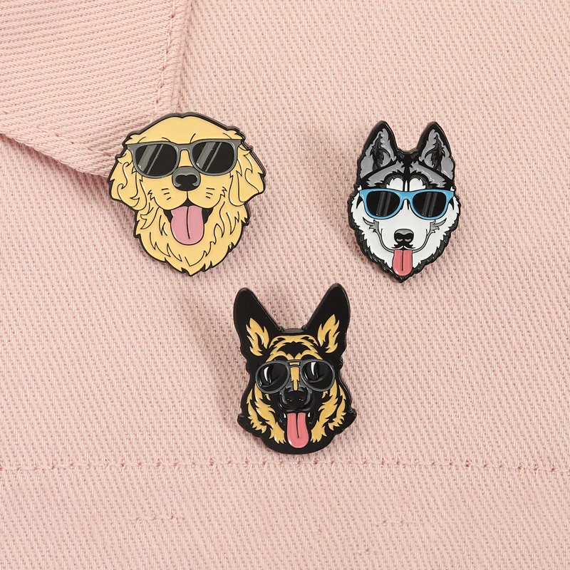 Lindo Golden Retriever con gafas de sol, alfileres esmaltados, perros de dibujos animados, animales de compañía, Husky siberiano, pastores alemanes, insignia, regalos de joyería