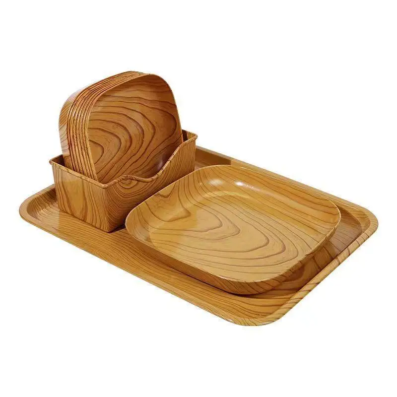 Imitation Wood Grain Plastic Square Plate Multi: Purpose Food Fruit Snack Serving Tray Bone Dish