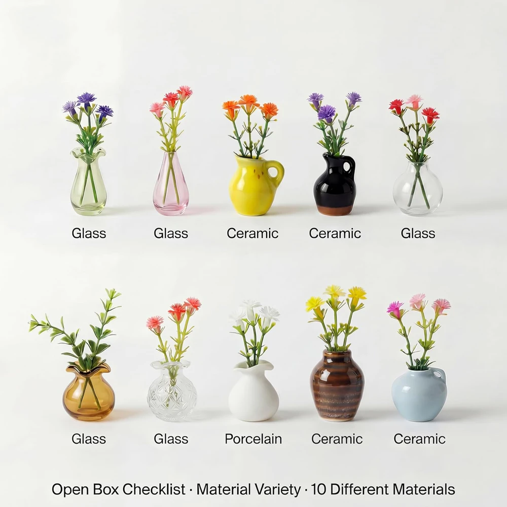 Mini Vase Magnets for Fridge – 10-Pack Mixed Ceramic & Glass Magnetic Mini Bud Vases – Slam-Proof Hold Set for Teachers