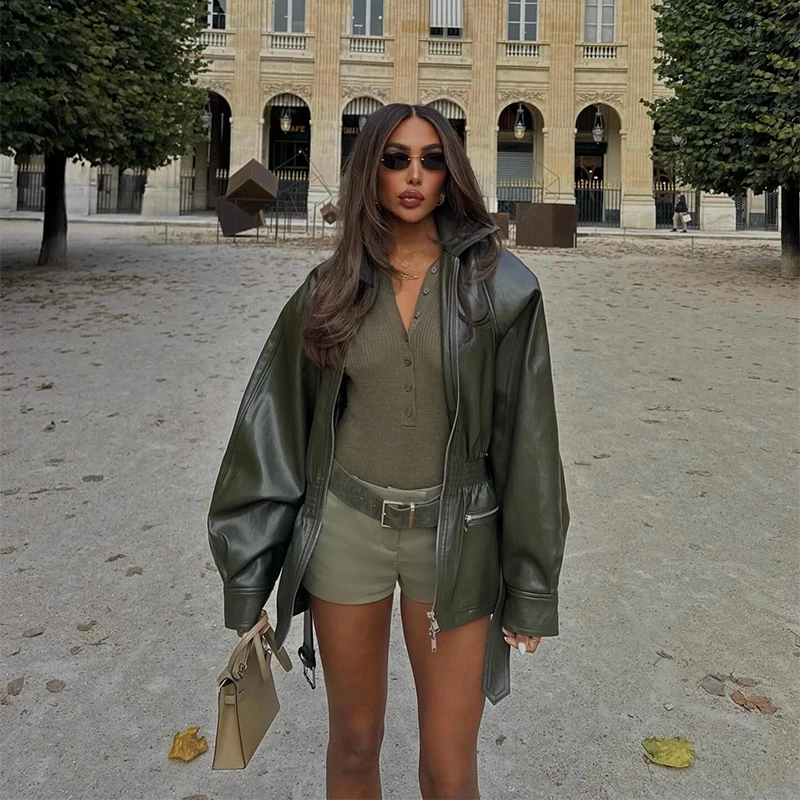 Women's Army Green Leather Jacket Fashion Lapel Coller Long Sleeve Zipper Loose Coat 2025 Autumn Outerwear Daily Street Coats