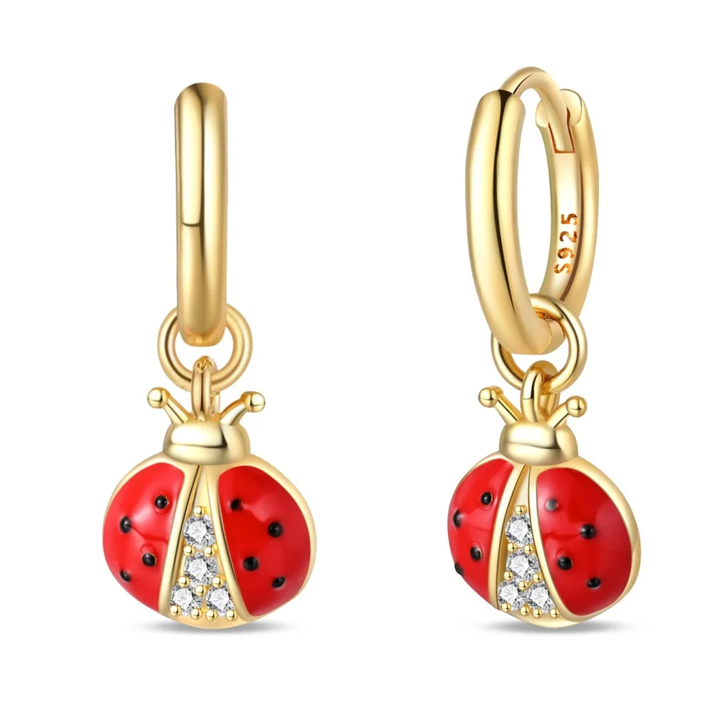 Beautiful 925 Sterling Silver Gold Ladybug Earrings For Women\'s Rock Party Jewelry Accessories