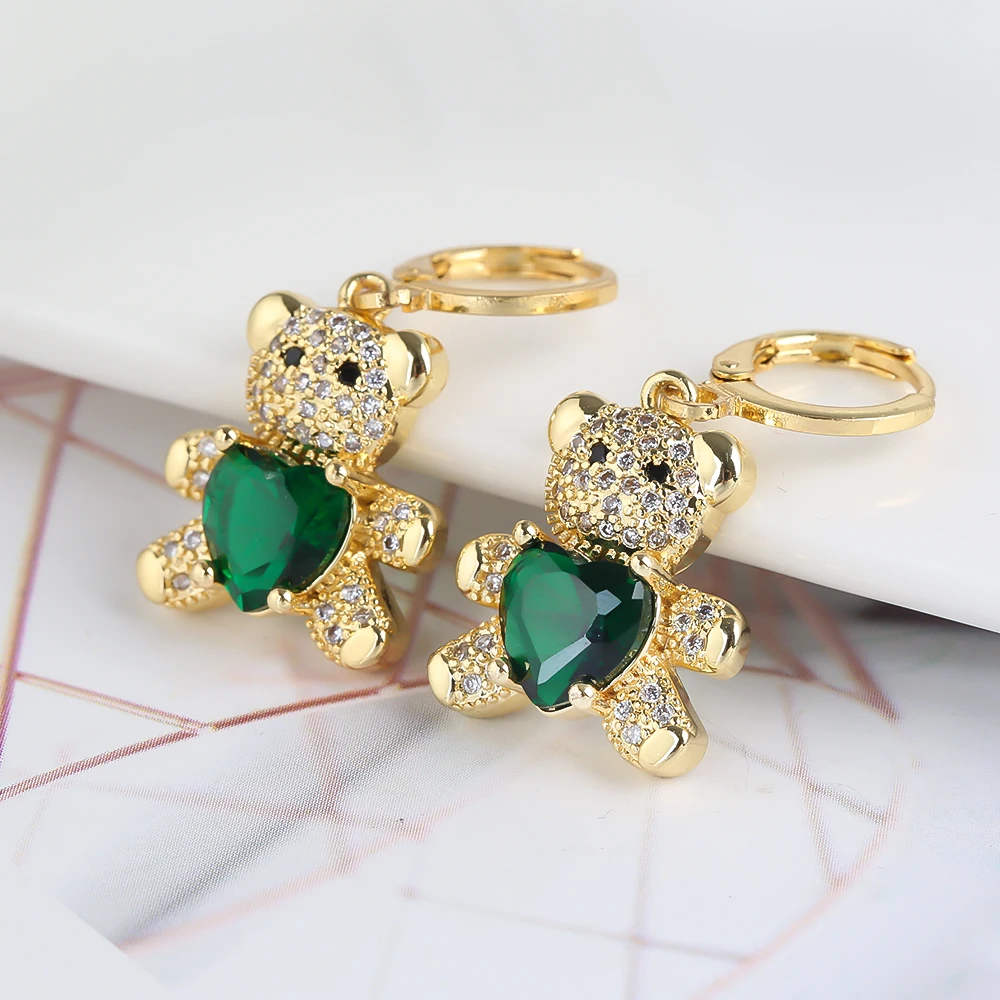 Hot Selling Teddy Bear Heart Crystal Animal Geometric Ear Clasp Cute Lady Fashion Jewelry 18K Gold Plated High Quality Earrings