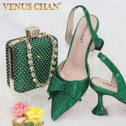 Sapatos e bolsa de design nigeriano para mulheres, cor verde decorada com strass para festa, design elegante, italiano, novo