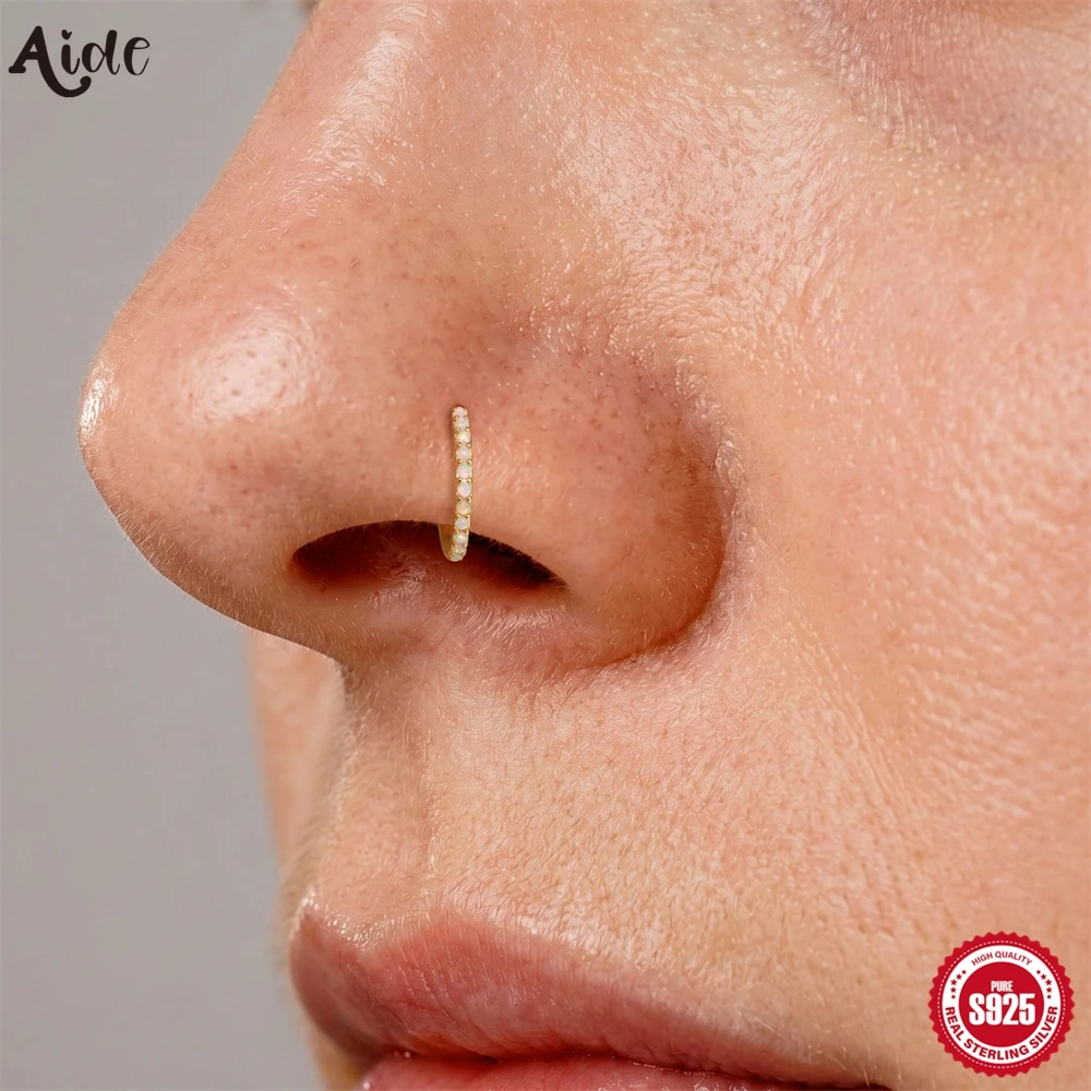 ide S925 Sterling Silver Opal Paved Septum Nose Ring Sparkly Opal Clicker Septum Piercing Hoop Ring for Women Dainty Jewelry