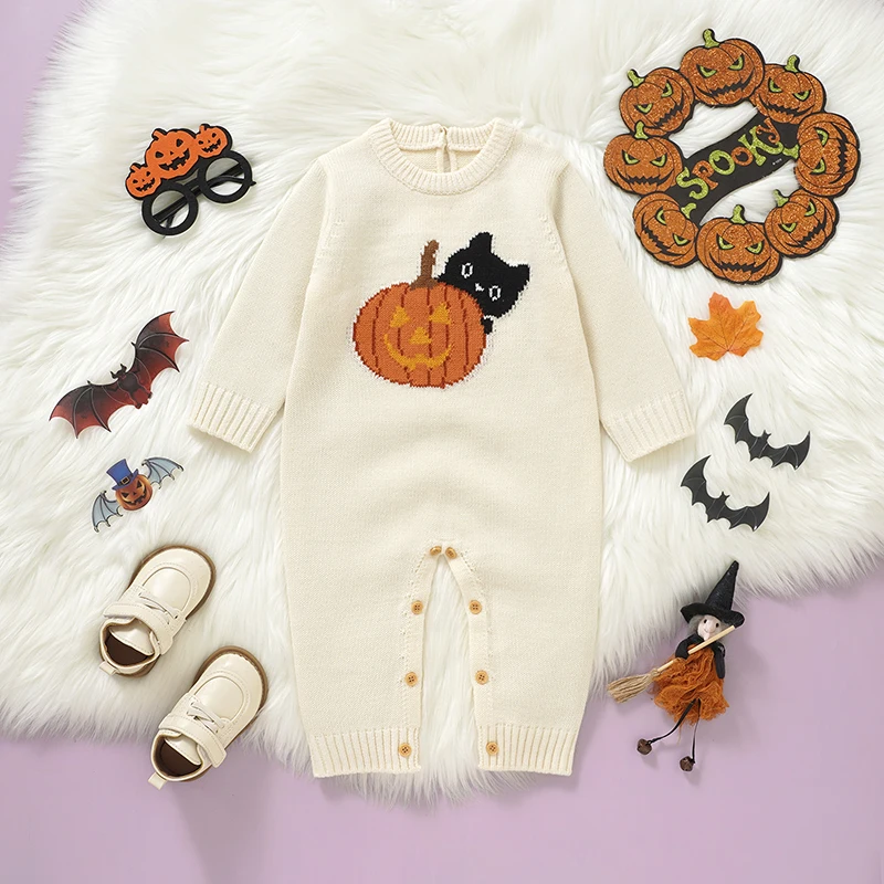 

Baby Halloween Rompers Clothes Cute Pumpkin Knit Newborn Infant Boys Girls Long Sleeve Jumpsuits 0-18m One Piece Toddler Outfit