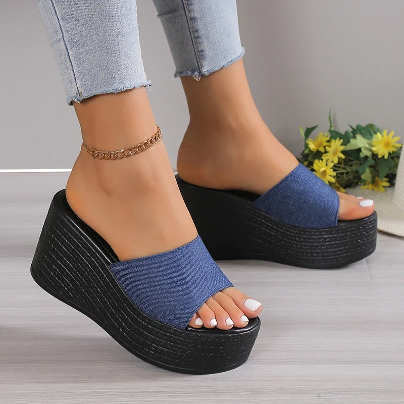 Plus Size Ladies Shoes Summer Fashion Slip-on Women\'s Slippers High Platform Wedge Casual Slippers Women Solid Sandals Ladies