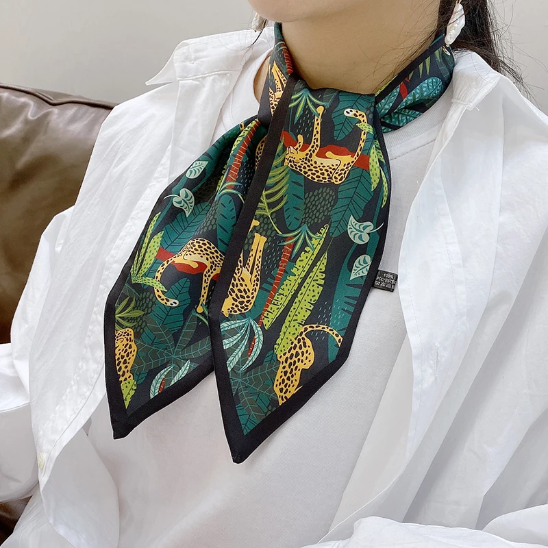 

Luna&Dolphin Women Sharp Corner Wide Scarf Green Jungle Leopard Printed Chiffon Silky Headbands Bandana Hair Ribbon Bag Tie