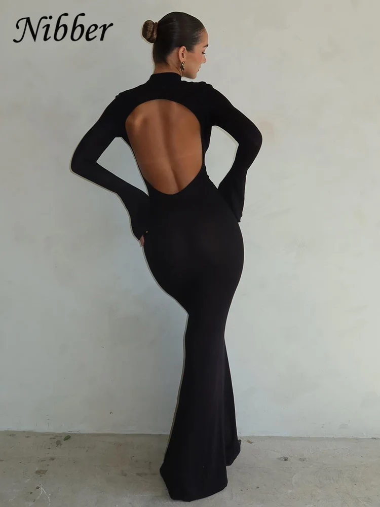 Nibber Classic Solid Backless Maxi Dress Women Elegant O-neck Evening Long Sleeve Dresses Robe Slim Female High Street Bodycon