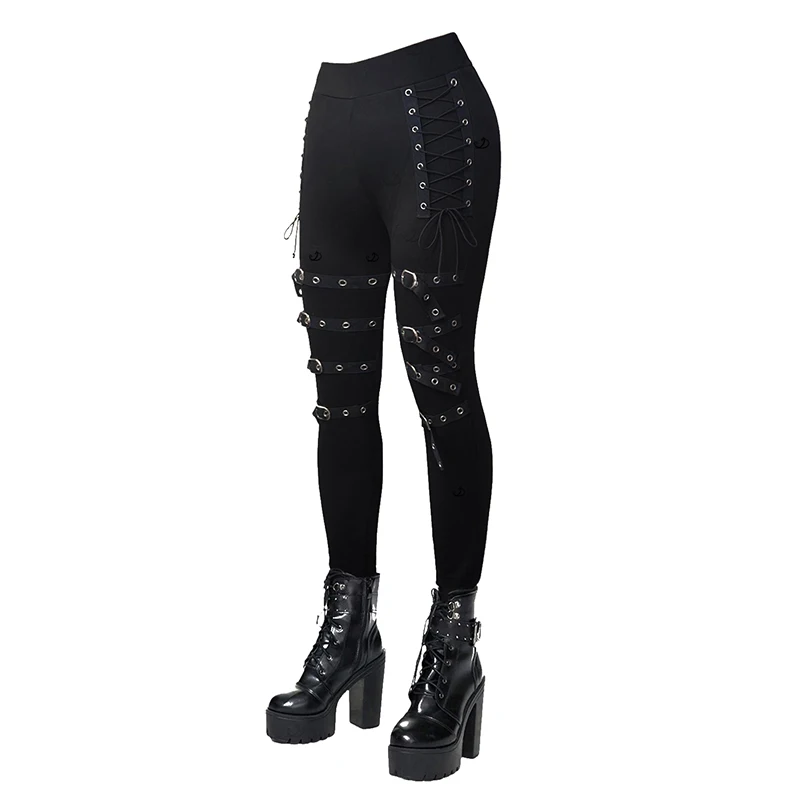 Dressfo Women's Leggings Gothic Leggings Solid Color Grommet Buckle Lace Up Skinny High Stretch Pencil Pants