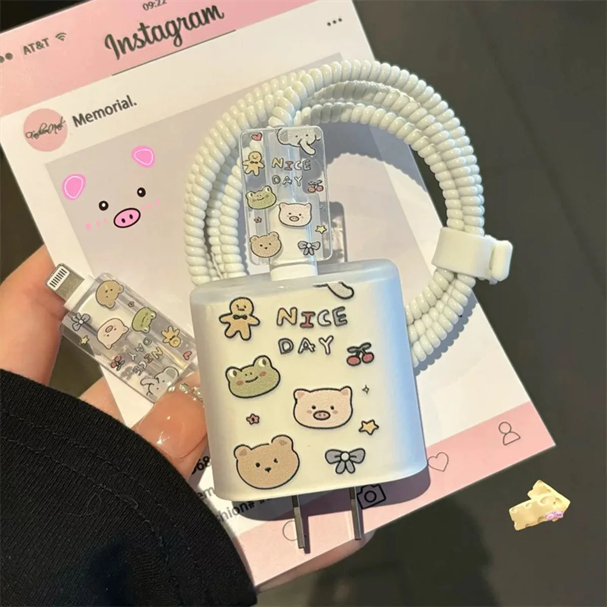 Cute Cartoon Pig Charger Case for iPhone 18W 20W Frosted Data Wire Winder Cable Protectors Charging Port Breakproof Protection