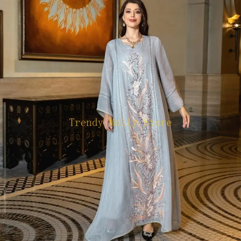 

N5KB Muslims Maxi Dress Elegant Long Sleeve Embroidery Beading Middle East Dubai Arabic Moroccan Kaftan Robes for Womens